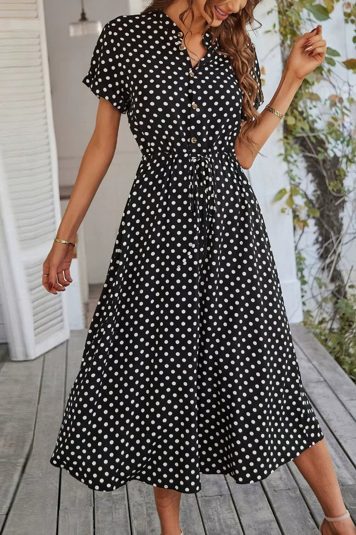 Vestido Midi Lunares Cuello En V Manga Corta Botones Cintura Ajustada Verano Retro