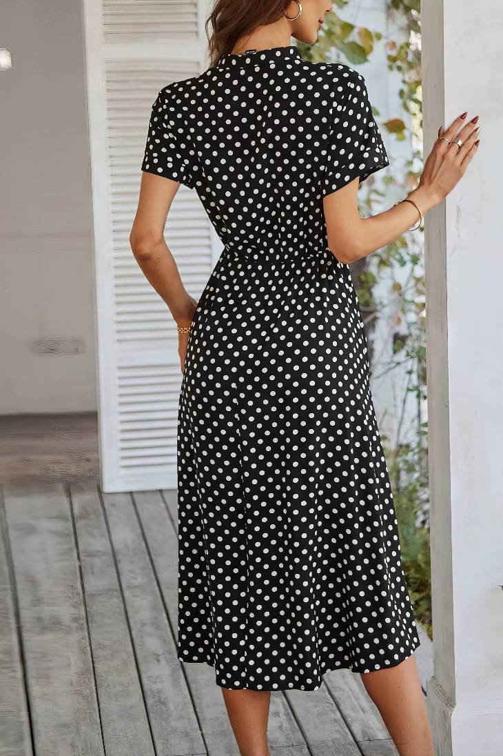 Vestido Midi Lunares Cuello En V Manga Corta Botones Cintura Ajustada Verano Retro