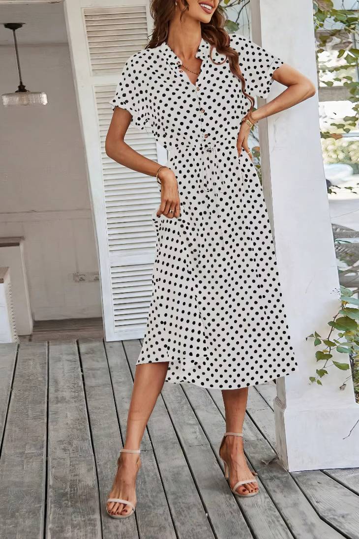 Vestido Midi Lunares Cuello En V Manga Corta Botones Cintura Ajustada Verano Retro