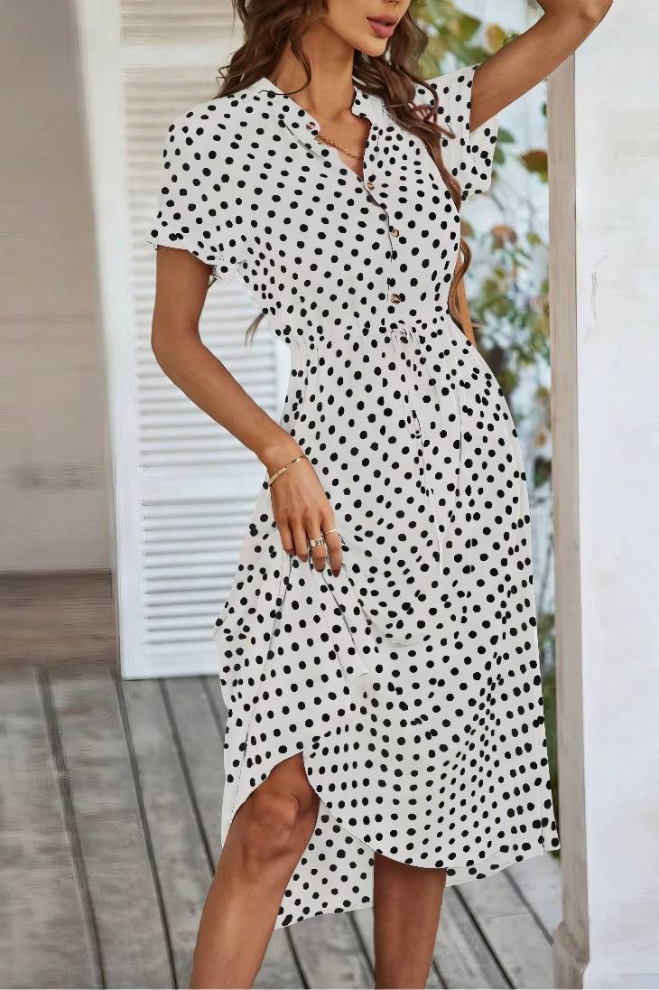 Vestido Midi Lunares Cuello En V Manga Corta Botones Cintura Ajustada Verano Retro