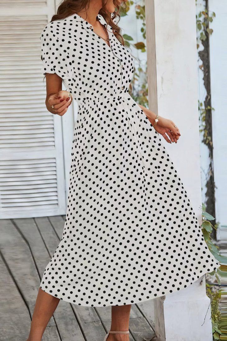 Vestido Midi Lunares Cuello En V Manga Corta Botones Cintura Ajustada Verano Retro