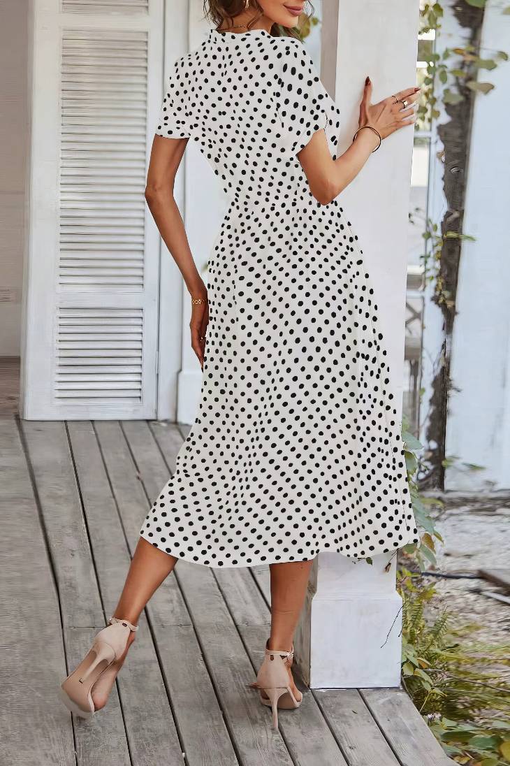 Vestido Midi Lunares Cuello En V Manga Corta Botones Cintura Ajustada Verano Retro