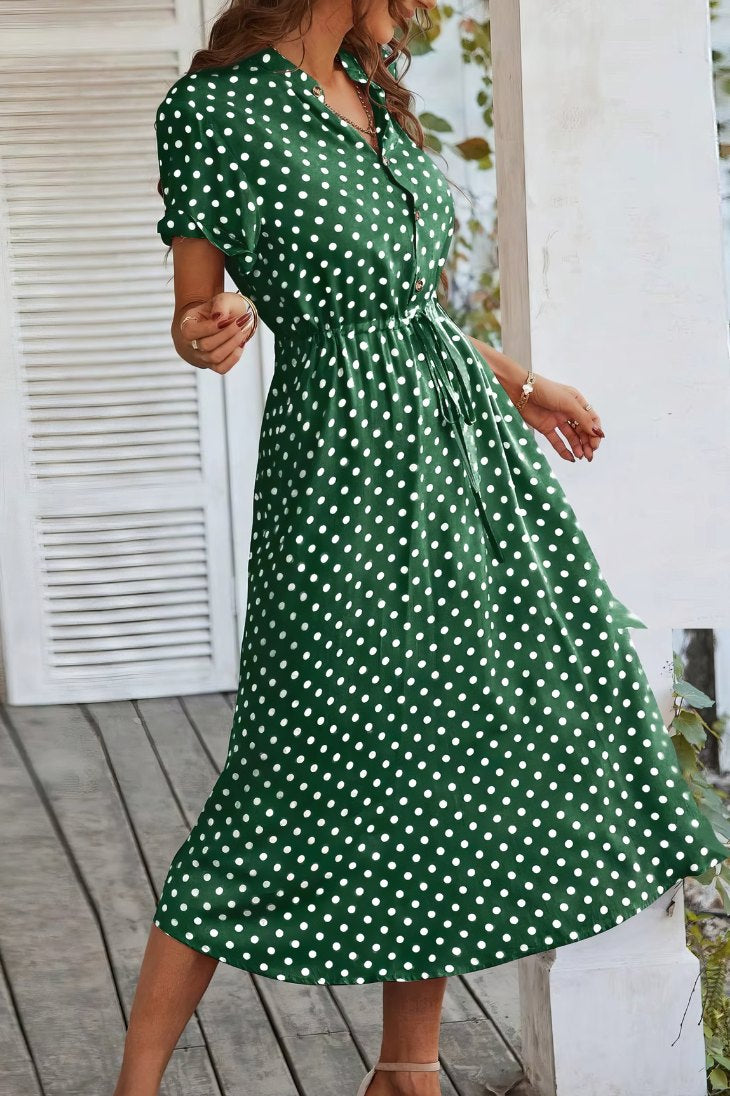 Vestido Midi Lunares Cuello En V Manga Corta Botones Cintura Ajustada Verano Retro