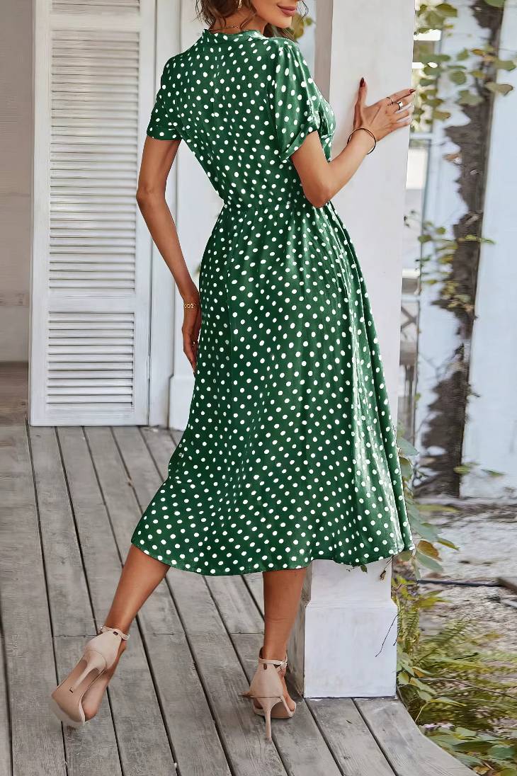 Vestido Midi Lunares Cuello En V Manga Corta Botones Cintura Ajustada Verano Retro