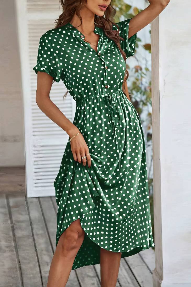 Vestido Midi Lunares Cuello En V Manga Corta Botones Cintura Ajustada Verano Retro