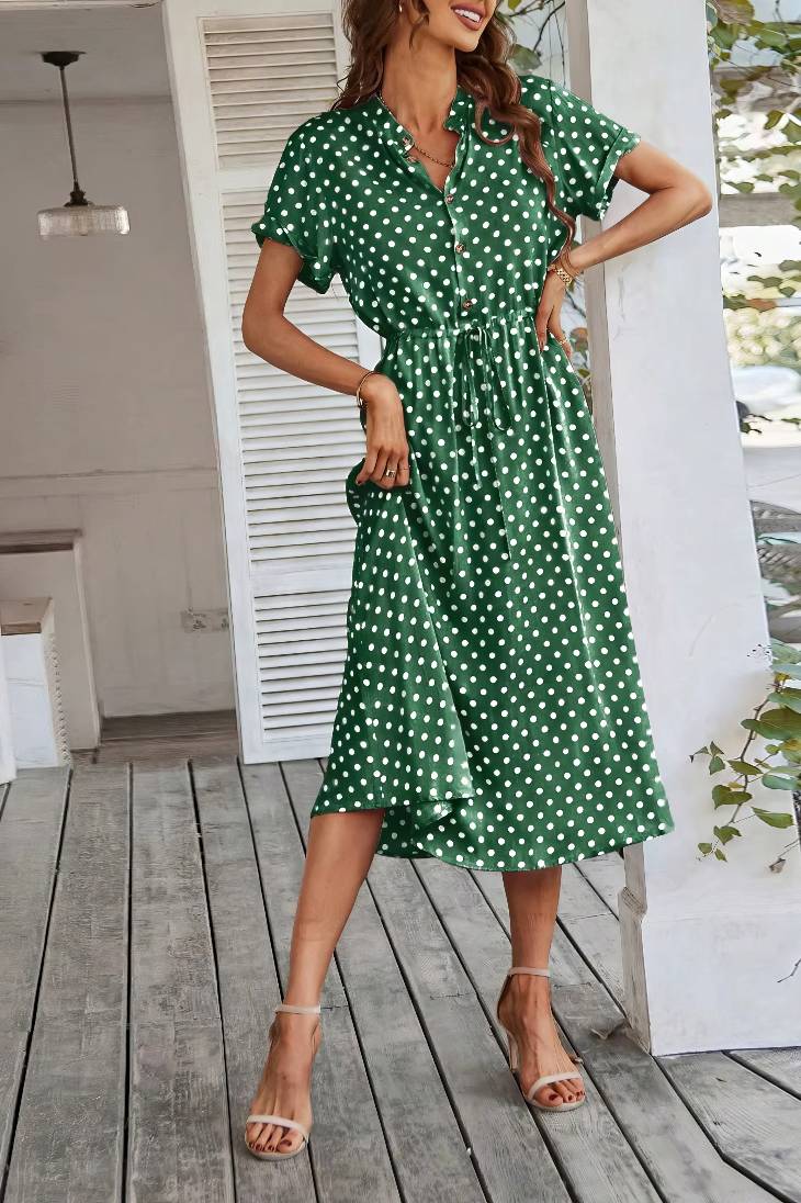 Vestido Midi Lunares Cuello En V Manga Corta Botones Cintura Ajustada Verano Retro