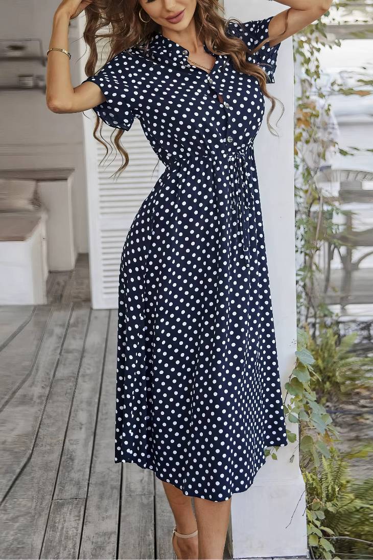 Vestido Midi Lunares Cuello En V Manga Corta Botones Cintura Ajustada Verano Retro