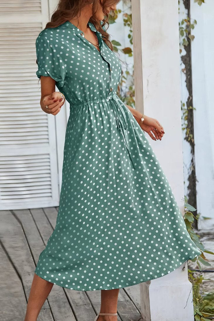 Vestido Midi Lunares Cuello En V Manga Corta Botones Cintura Ajustada Verano Retro
