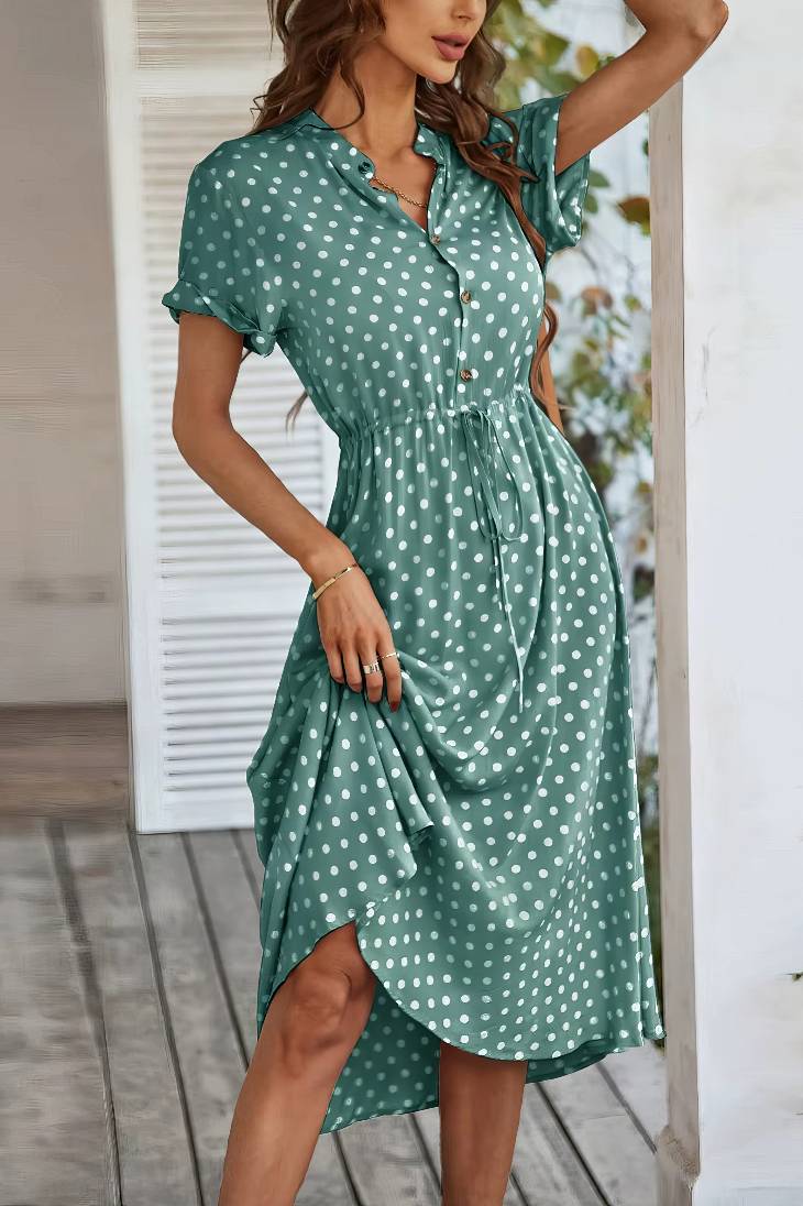 Vestido Midi Lunares Cuello En V Manga Corta Botones Cintura Ajustada Verano Retro