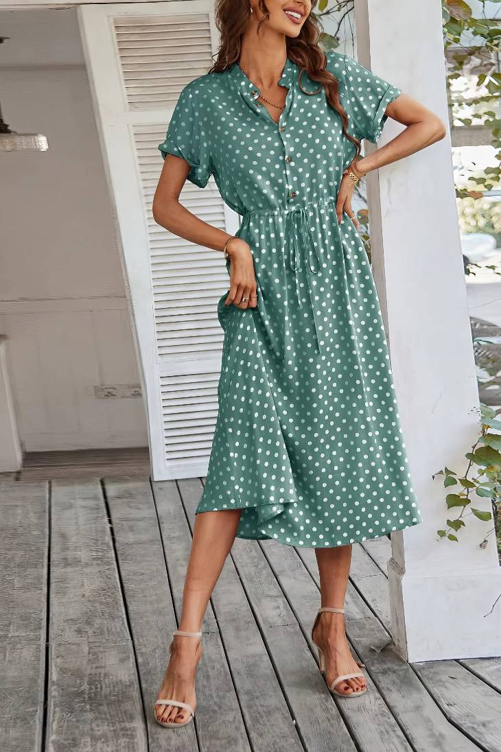 Vestido Midi Lunares Cuello En V Manga Corta Botones Cintura Ajustada Verano Retro