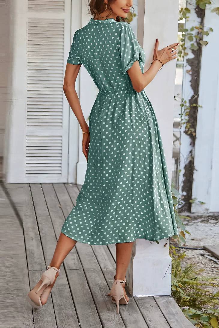 Vestido Midi Lunares Cuello En V Manga Corta Botones Cintura Ajustada Verano Retro