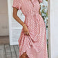 Vestido Midi Lunares Cuello En V Manga Corta Botones Cintura Ajustada Verano Retro