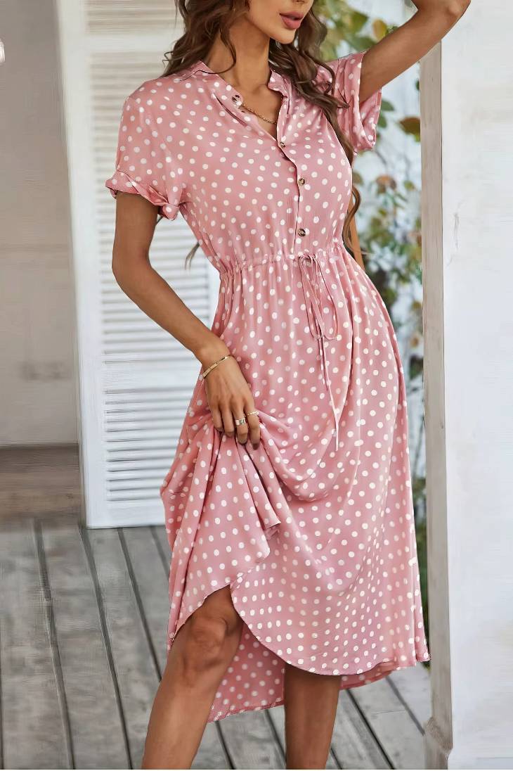 Vestido Midi Lunares Cuello En V Manga Corta Botones Cintura Ajustada Verano Retro