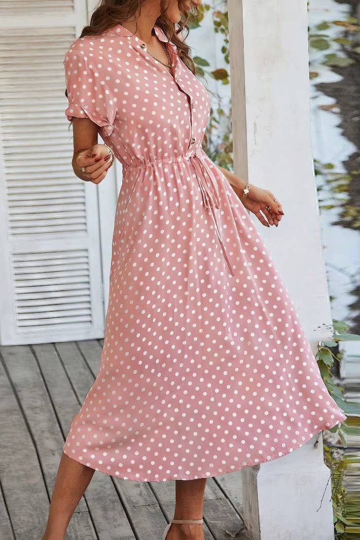 Vestido Midi Lunares Cuello En V Manga Corta Botones Cintura Ajustada Verano Retro
