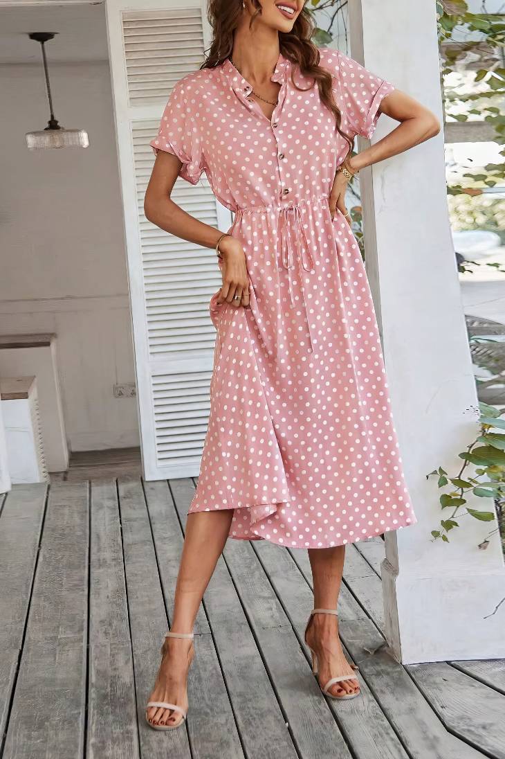 Vestido Midi Lunares Cuello En V Manga Corta Botones Cintura Ajustada Verano Retro