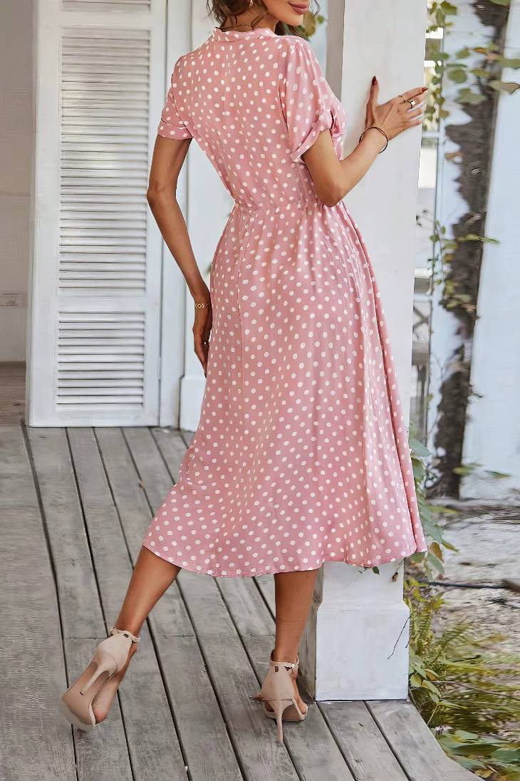 Vestido Midi Lunares Cuello En V Manga Corta Botones Cintura Ajustada Verano Retro