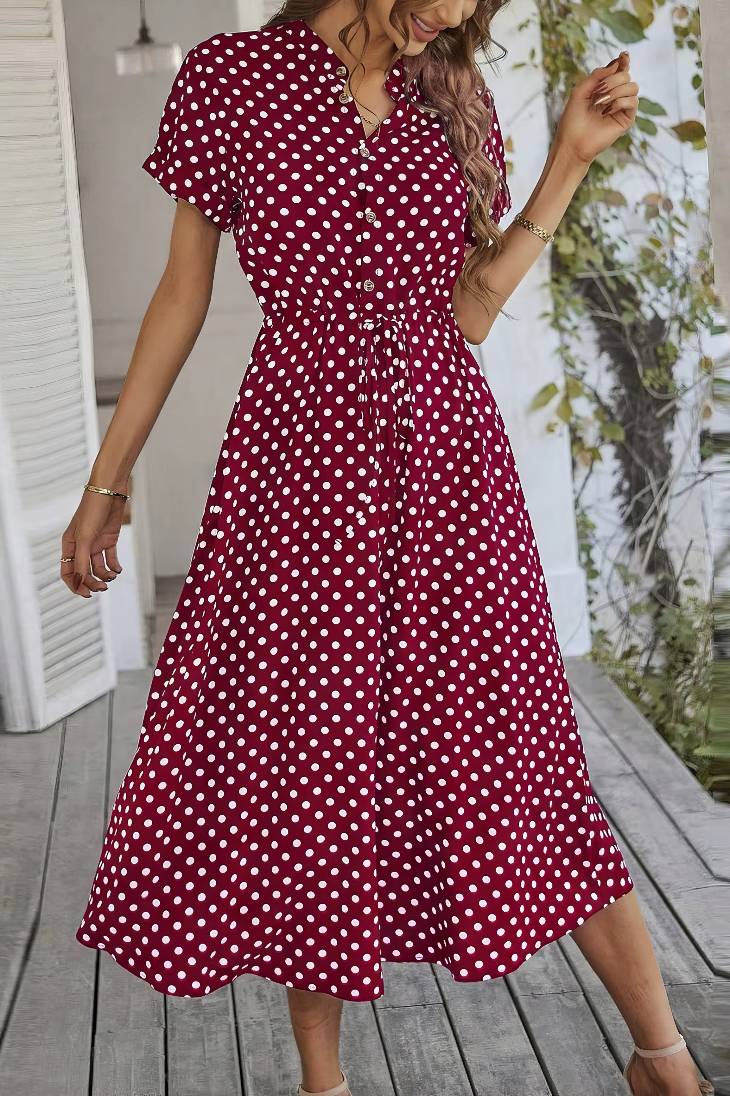 Vestido Midi Lunares Cuello En V Manga Corta Botones Cintura Ajustada Verano Retro