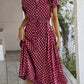 Vestido Midi Lunares Cuello En V Manga Corta Botones Cintura Ajustada Verano Retro