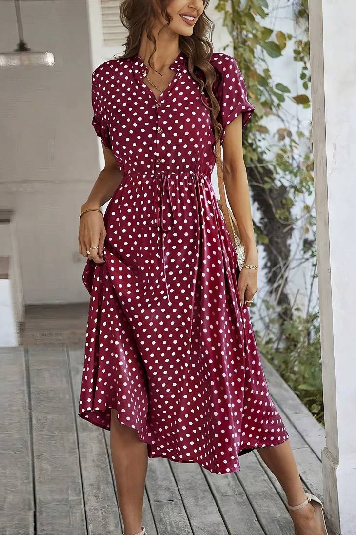 Vestido Midi Lunares Cuello En V Manga Corta Botones Cintura Ajustada Verano Retro