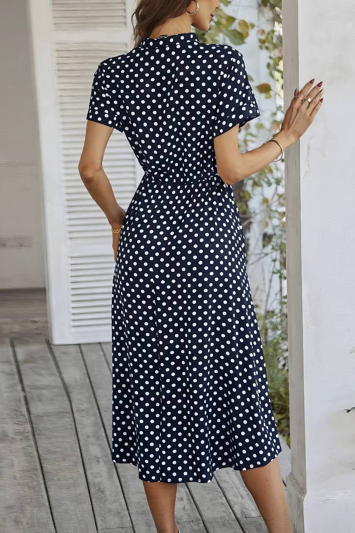 Vestido Midi Lunares Cuello En V Manga Corta Botones Cintura Ajustada Verano Retro