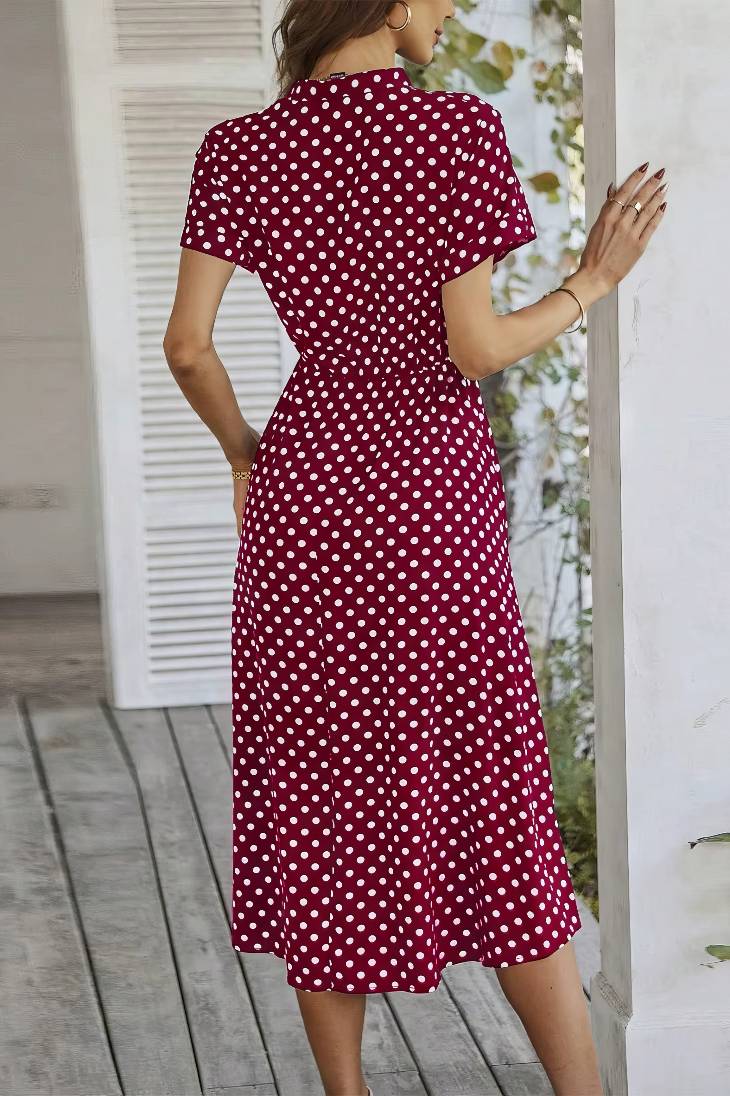 Vestido Midi Lunares Cuello En V Manga Corta Botones Cintura Ajustada Verano Retro
