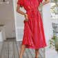 Vestido Midi Lunares Cuello En V Manga Corta Botones Cintura Ajustada Verano Retro