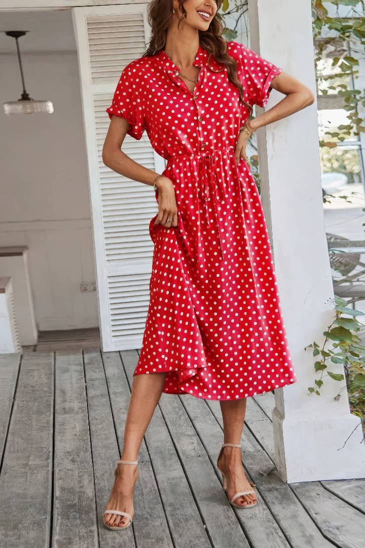 Vestido Midi Lunares Cuello En V Manga Corta Botones Cintura Ajustada Verano Retro