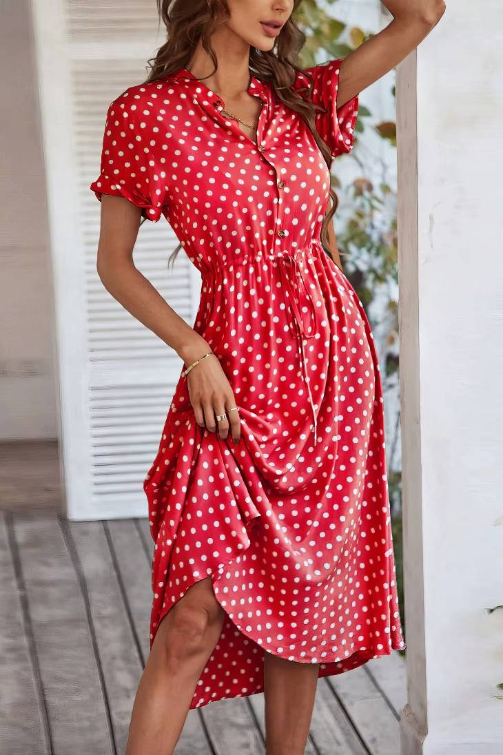 Vestido Midi Lunares Cuello En V Manga Corta Botones Cintura Ajustada Verano Retro