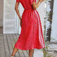 Vestido Midi Lunares Cuello En V Manga Corta Botones Cintura Ajustada Verano Retro