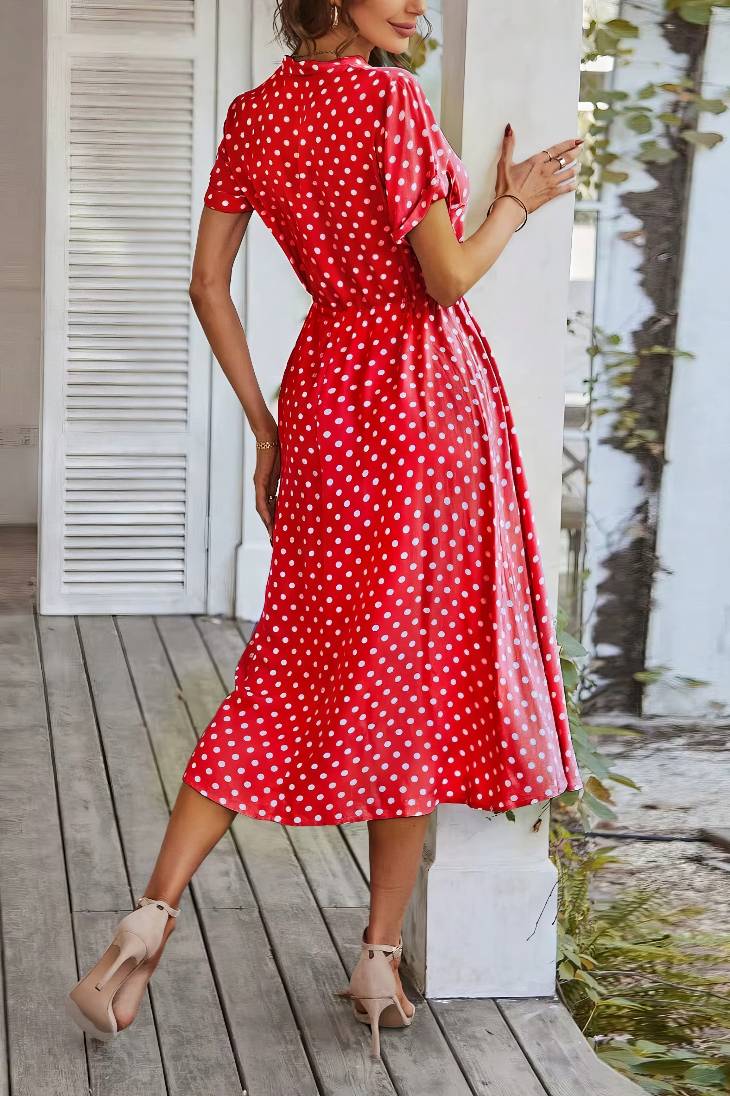 Vestido Midi Lunares Cuello En V Manga Corta Botones Cintura Ajustada Verano Retro
