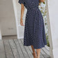 Vestido Midi Lunares Cuello En V Manga Corta Botones Cintura Ajustada Verano Retro