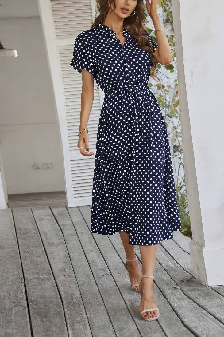 Vestido Midi Lunares Cuello En V Manga Corta Botones Cintura Ajustada Verano Retro