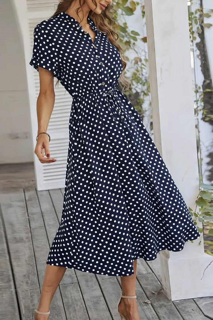 Vestido Midi Lunares Cuello En V Manga Corta Botones Cintura Ajustada Verano Retro