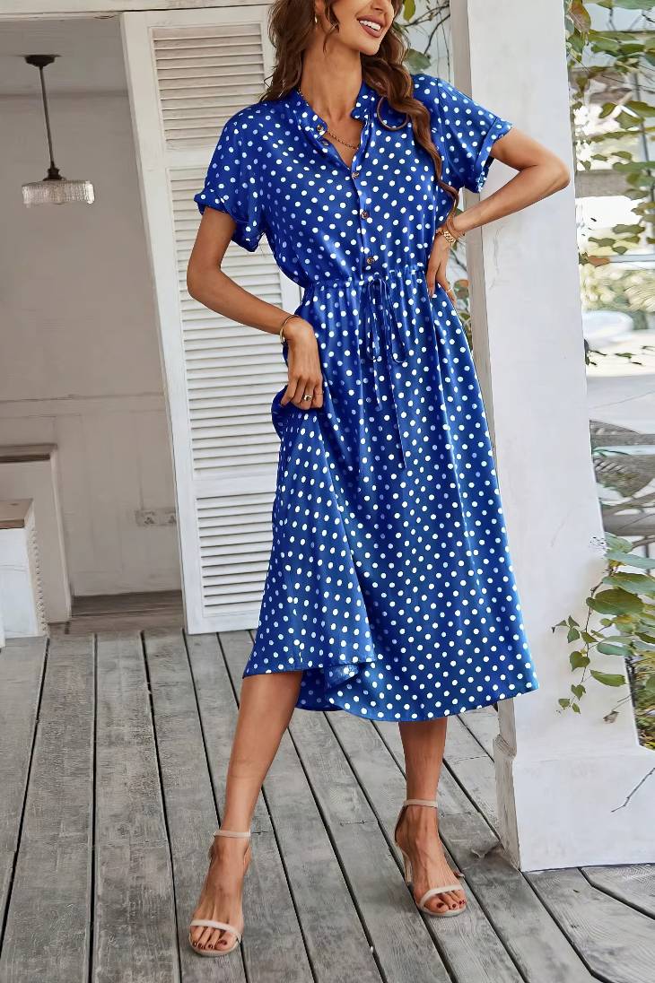 Vestido Midi Lunares Cuello En V Manga Corta Botones Cintura Ajustada Verano Retro
