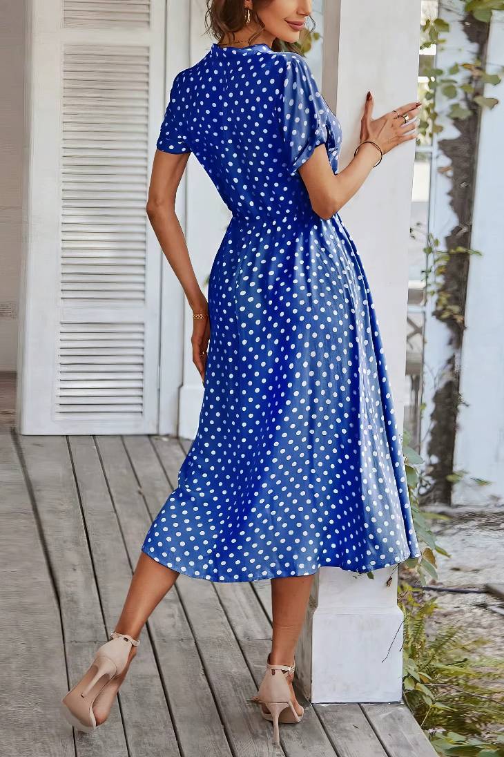 Vestido Midi Lunares Cuello En V Manga Corta Botones Cintura Ajustada Verano Retro