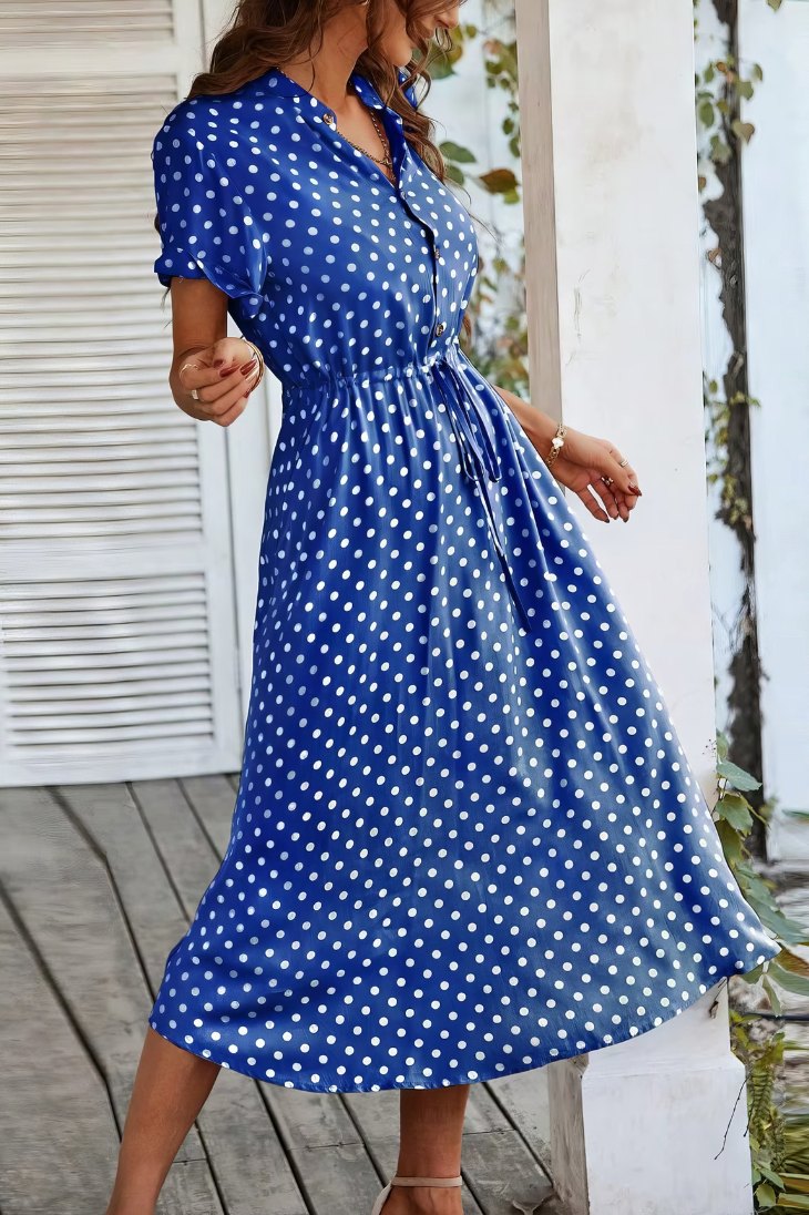 Vestido Midi Lunares Cuello En V Manga Corta Botones Cintura Ajustada Verano Retro