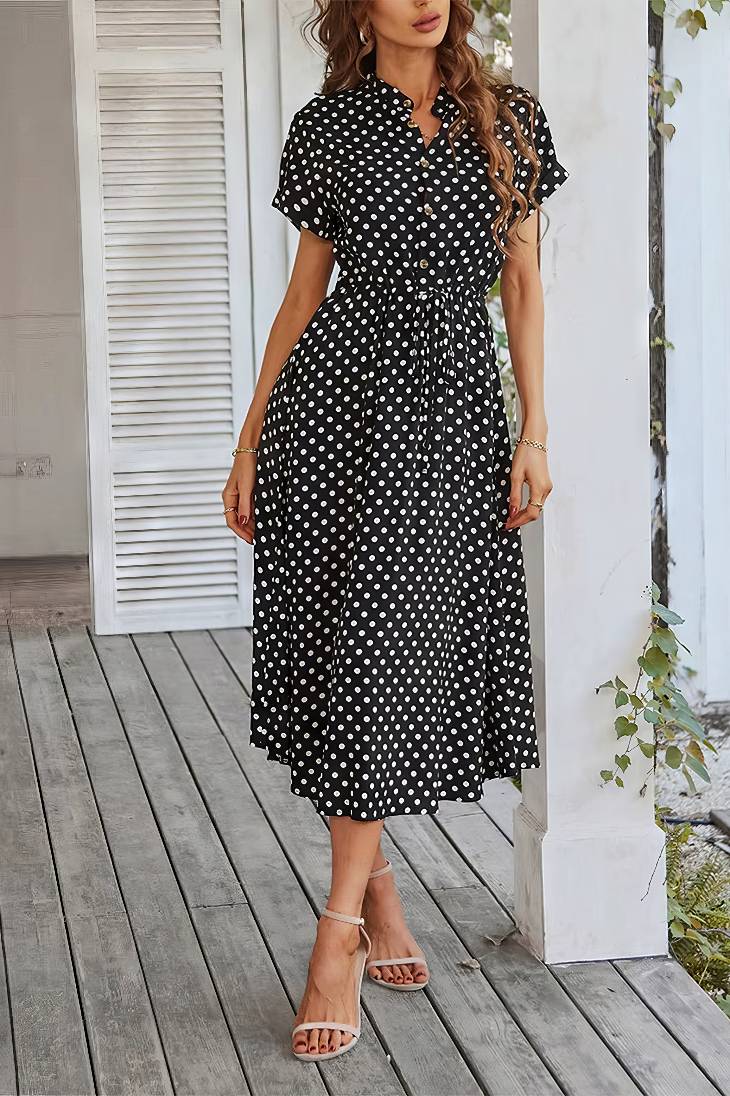Vestido Midi Lunares Cuello En V Manga Corta Botones Cintura Ajustada Verano Retro