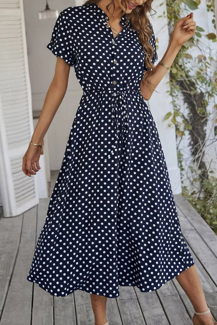 Vestido Midi Lunares Cuello En V Manga Corta Botones Cintura Ajustada Verano Retro