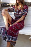 Vestido Midi Rojo Estampado Étnico Escote En V Manga 3/4 Cintura Ajustada Boho Verano