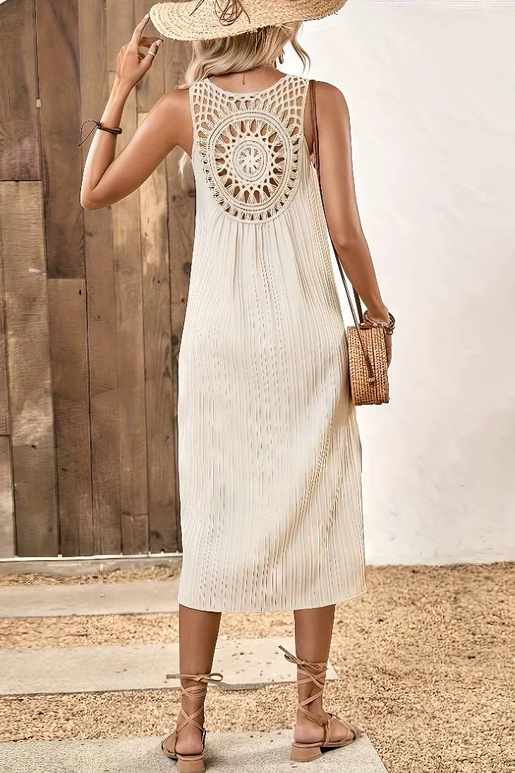 Vestido Midi Sin Mangas Espalda De Encaje Crochet Boho Verano Playa