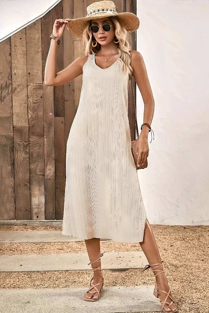 Vestido Midi Sin Mangas Espalda De Encaje Crochet Boho Verano Playa
