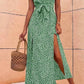 Vestido Midi Verde Estampado Moteado Tirantes Finos Cuello En V Con Lazo Abertura Verano