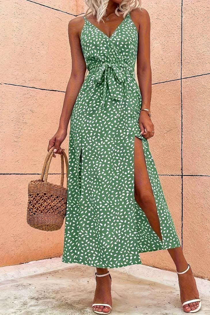 Vestido Midi Verde Estampado Moteado Tirantes Finos Cuello En V Con Lazo Abertura Verano