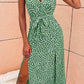 Vestido Midi Verde Estampado Moteado Tirantes Finos Cuello En V Con Lazo Abertura Verano