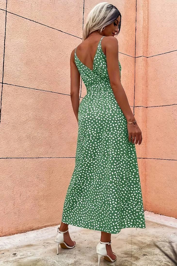 Vestido Midi Verde Estampado Moteado Tirantes Finos Cuello En V Con Lazo Abertura Verano