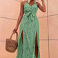 Vestido Midi Verde Estampado Moteado Tirantes Finos Cuello En V Con Lazo Abertura Verano