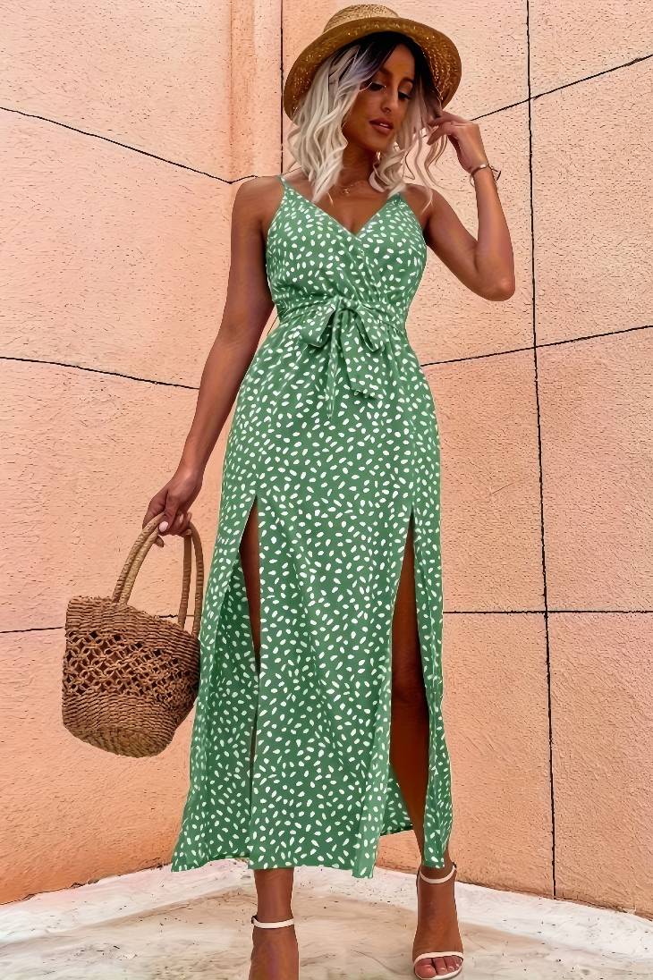 Vestido Midi Verde Estampado Moteado Tirantes Finos Cuello En V Con Lazo Abertura Verano