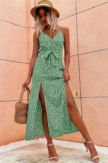 Vestido Midi Verde Estampado Moteado Tirantes Finos Cuello En V Con Lazo Abertura Verano